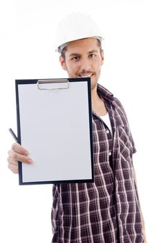 engineer showing writing pad with white background