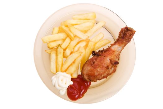 Fried chicken and french fries on a white background