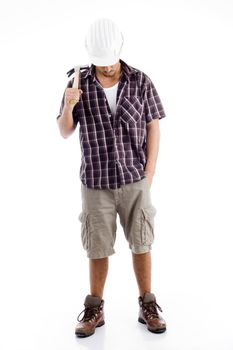 down head architect holding hammer on an isolated white background