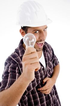 engineer showing electric bulb on an isolated background