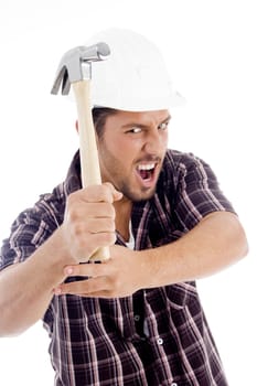 male in action with hammer with white background