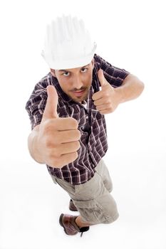 high angle view of architect showing thumbs up with white background