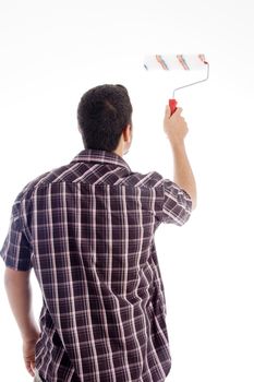 back pose of male using roller brush on an isolated white background