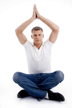 model joining hands above head on an isolated background