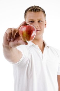 cool model showing apple with white background