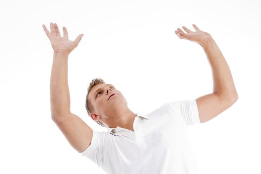 handsome male waving his hands with white background