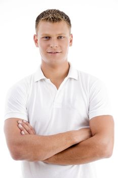 folded arms man looking at camera on an isolated white background