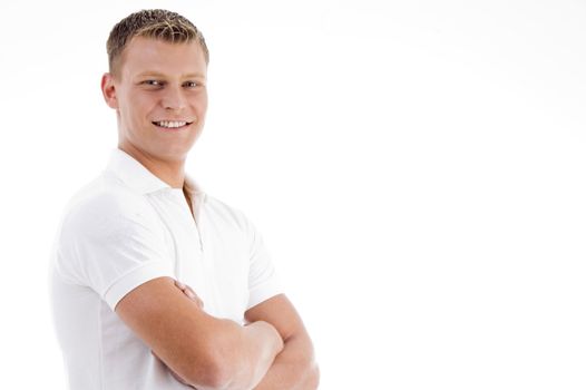 smiling handsome man looking at camera with white background