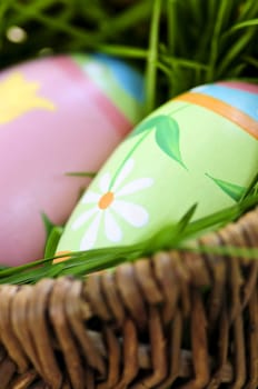 Easter eggs arrangement with green grass in a basket