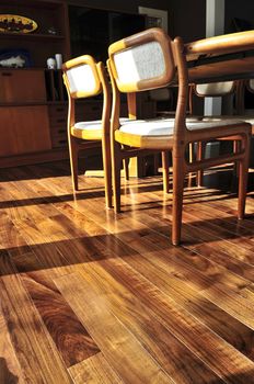 Hardwood walnut floor in residential home dining room