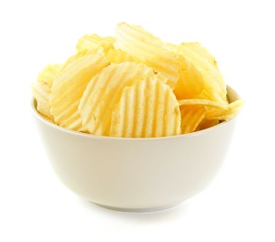 Bowl of potato chips isolated on white background