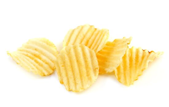 Several potato chips isolated on white background