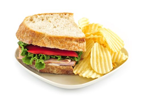 Sandwich with potato chips isolated on white background