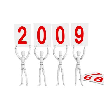 four white lay figures welcome the new year 2009 by holding posters with numbers