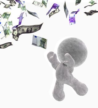 abstract 3D cartoon of a soft toy man trying to catch a bank note