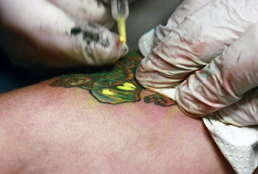 A tattoo artist applying his craft onto the hand of a female