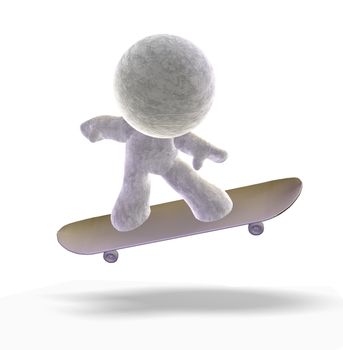 Abstract 3D cartoon of a soft toy man skateboarding