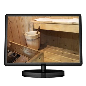 Black tv with a wooden sauna on the screen