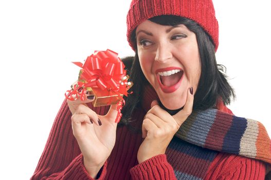 Attractive Woman Holds Holiday Gift Isolated on a White Background.