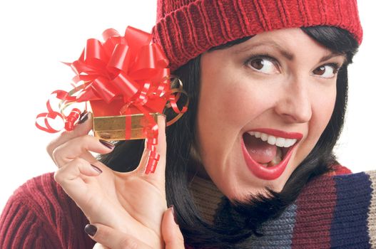 Attractive Woman Holds Holiday Gift Isolated on a White Background.