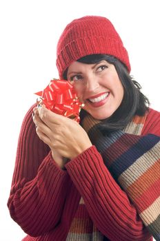 Attractive Woman Holds Holiday Gift Isolated on a White Background.