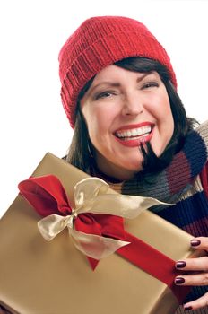 Attractive Woman Holds Holiday Gift Isolated on a White Background.