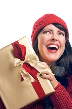 Attractive Woman Holds Holiday Gift Isolated on a White Background.