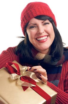 Attractive Woman Holds Holiday Gift Isolated on a White Background.