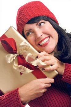 Attractive Woman Holds Holiday Gift Isolated on a White Background.