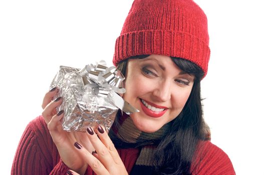 Attractive Woman Holds Holiday Gift Isolated on a White Background.