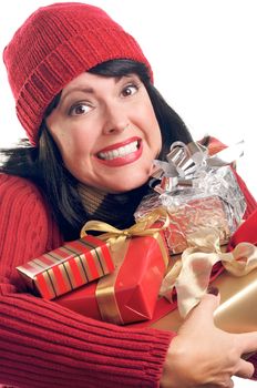 Attractive Woman Holds Holiday Gifts Isolated on a White Background.