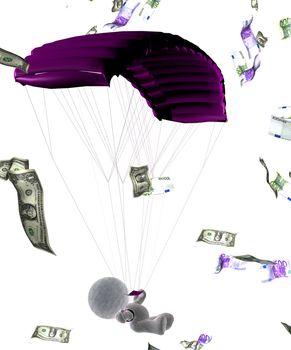 abstract 3D cartoon of a soft toy parachuter flying in bank notes