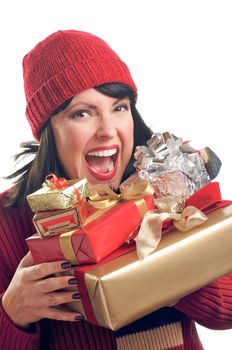 Attractive Woman Holds Holiday Gifts Isolated on a White Background.