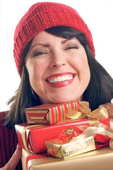 Attractive Woman Holds Holiday Gifts Isolated on a White Background.