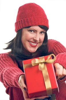 Attractive Woman Holds Holiday Gift Isolated on a White Background.