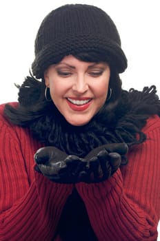 Attractive Woman Holds Her Hands Out Isolated on a White Background.