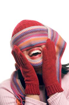 Attractive Woman With Colorful Scarf Over Eyes Isolated on a Whiite Background.