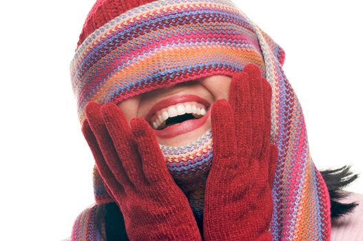 Attractive Woman With Colorful Scarf Over Eyes Isolated on a Whiite Background.