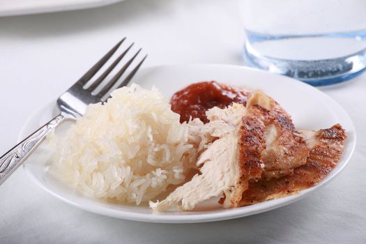 Chicken and rice meal  set on tabletop