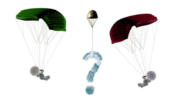 Sky meeting of two soft toy parachuters flying against each other