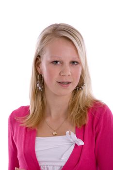 Pretty blond teen with braces on white background