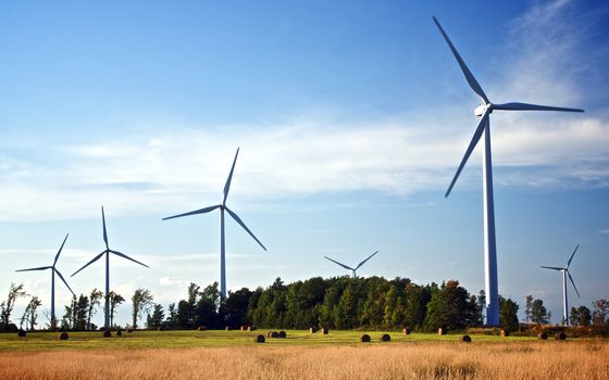 Wind turbines standing in a farm field in Ontario, Canada