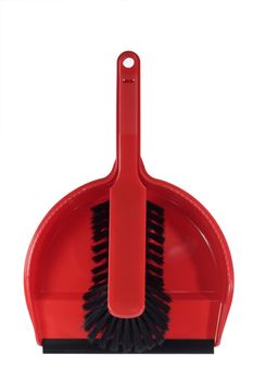 Red dust pan with sweeper - isolated on white background