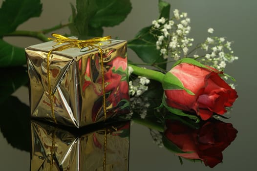 red rose with a gift on the reflecting dark background