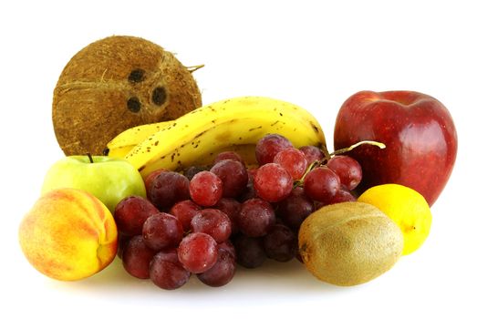 various of fresh ripe fruits over white background