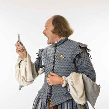 William Shakespeare in period clothing screaming at cell phone.