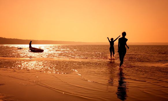 silhouette image of two girls playing on the beach