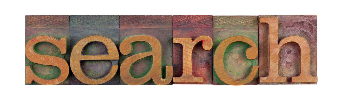 the word of search in vintage wooden letterpress type blocks, stained by color ink, isolated on white