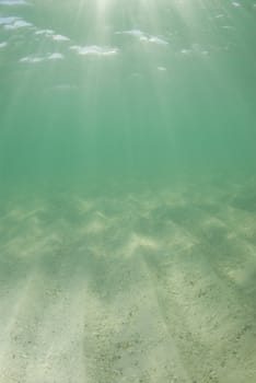 Underwater view of sunbeams stream through the surface of the ocean and dancing on the floor of the sea on a bright sunny day with dramatic sunrays.