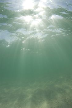 Underwater view of sunbeams stream through the surface of the ocean and dancing on the floor of the sea on a bright sunny day.